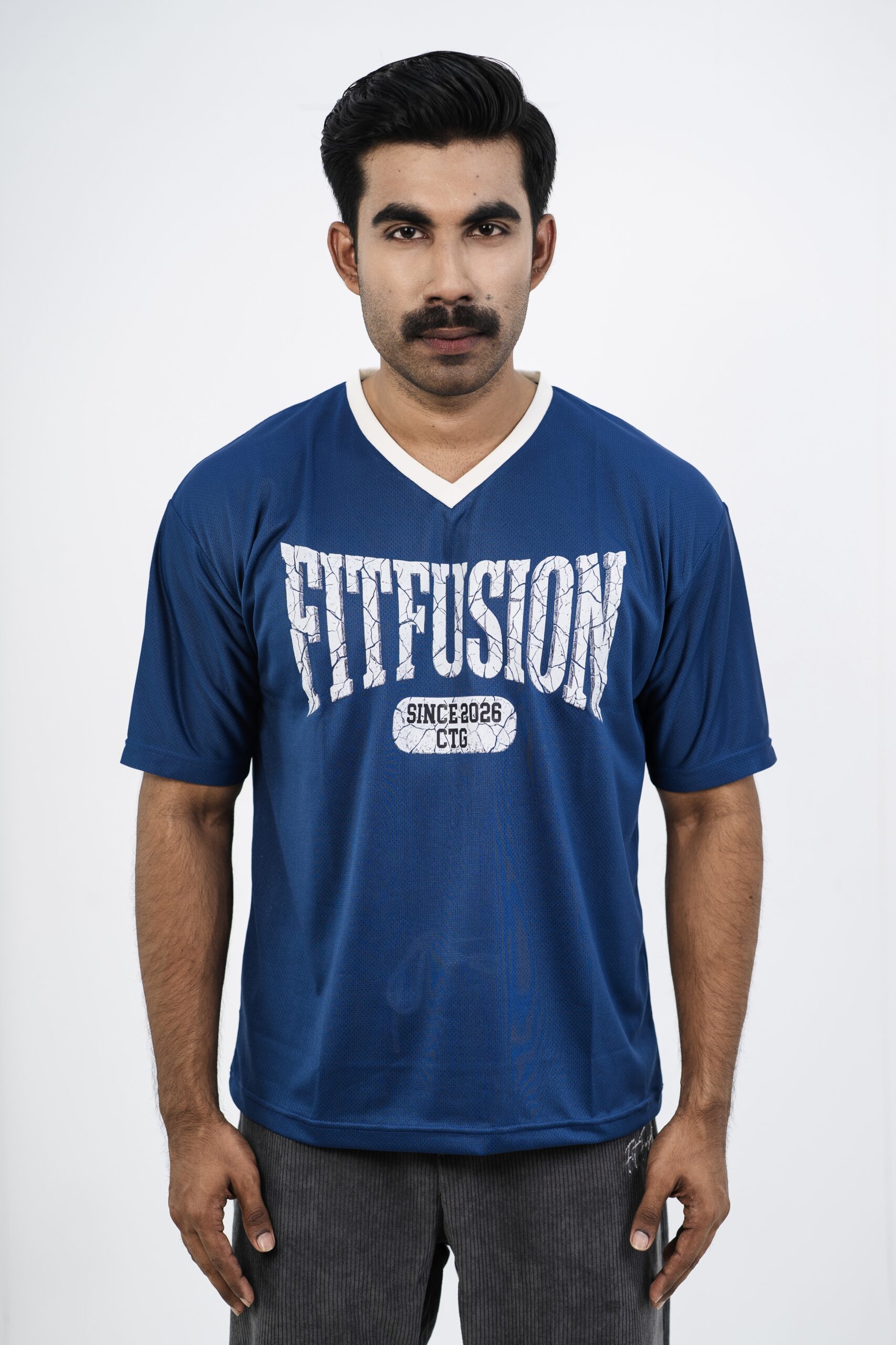 AirMesh Tee 2 Fit Fusion AirMesh Men's Premium Gym T-Shirt in Blue showing mesh fabric texture and V-neck design.