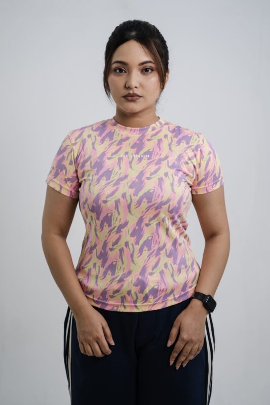 women's active t-shirt in Pink Abstract Print