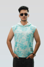 Men's terry fabric sleeveless hoodie in Arctic Mint