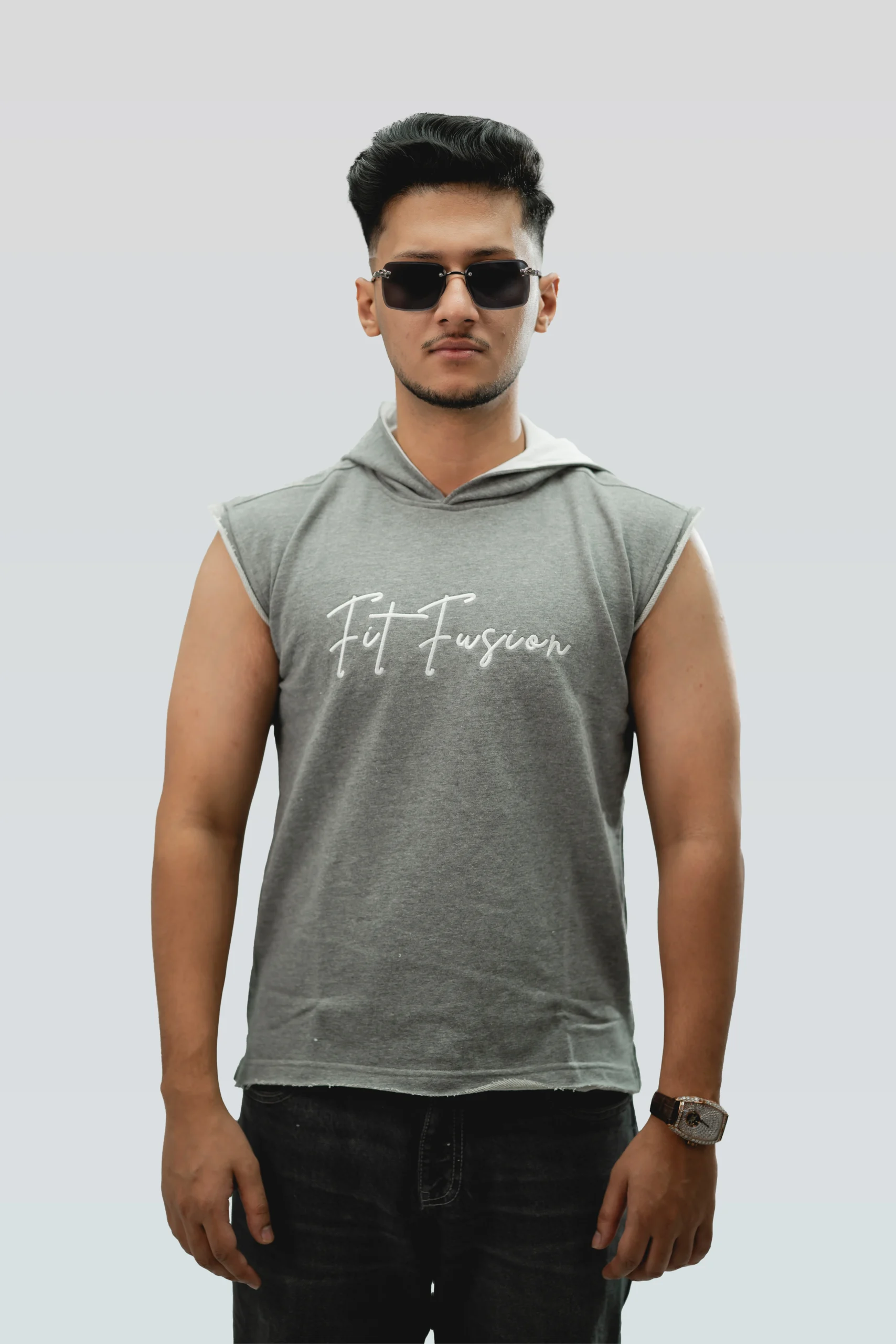 Stone Grey Mens terry fabric sleeveless hoodie Men's terry fabric sleeveless black hoodie