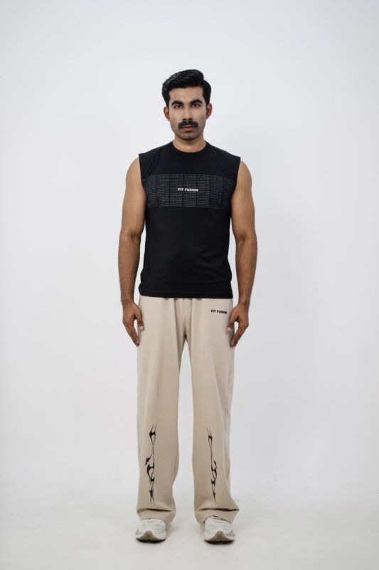 Black sleeveless compression t-shirt for men, athletic fit by Fit Fusion
