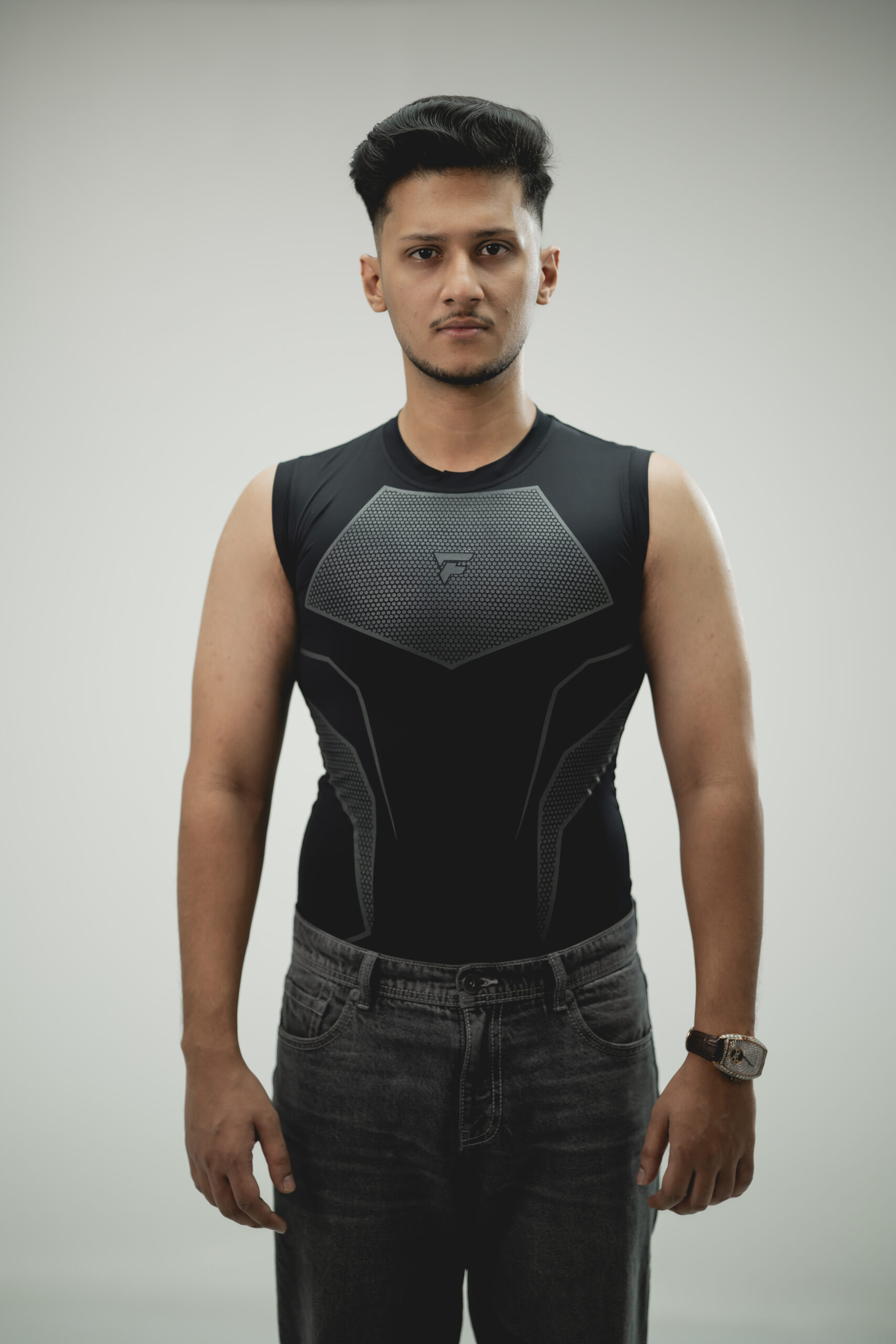 Men's black compression tank top with mesh panel