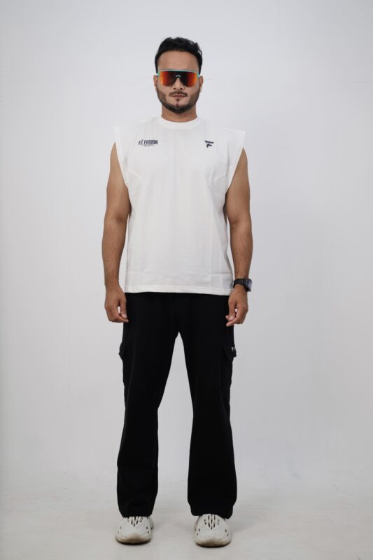 Man wearing sleeveless t shirt for gym styled with joggers